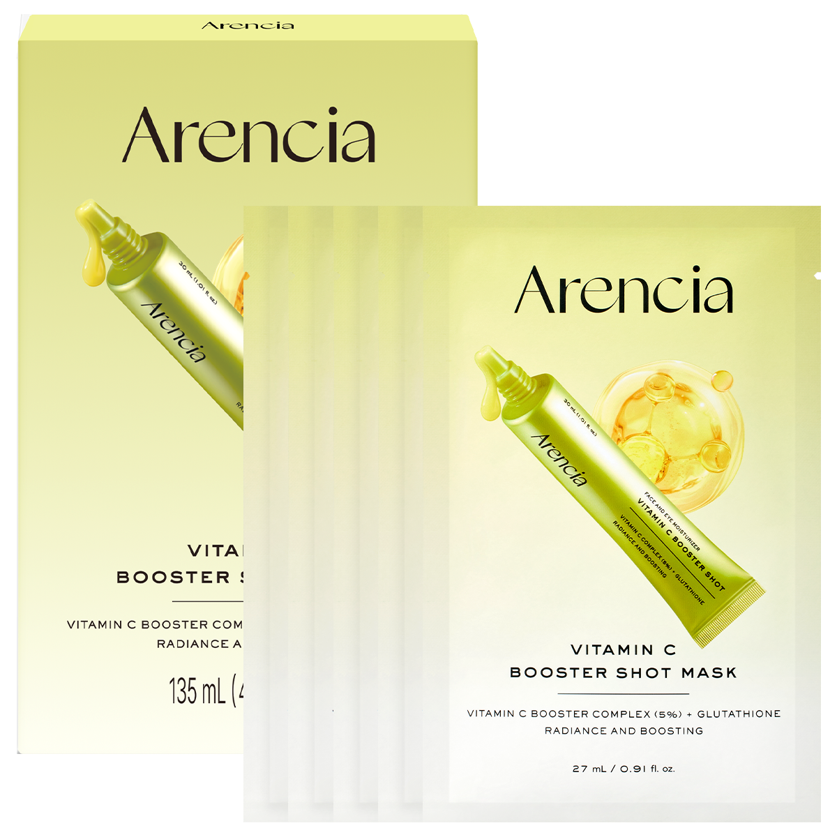 Arencia Vitamin C Booster Shot Mask 5er-Set auf hellem Hintergrund